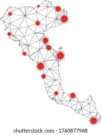 Mapa poligonal de la isla de Corfú con centros de coronavirus. Resumen de líneas conectadas a la red y virus de la gripe en el mapa de la isla de Corfú. Red poligonal 2D del marco de cables vectores en colores negro y rojo.