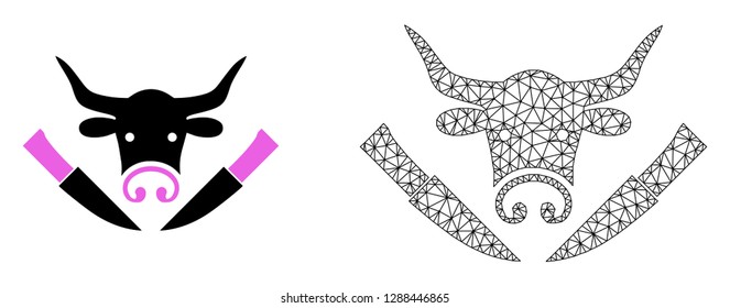 Polygonal mesh cow butchery and flat icon are isolated on a white background. Abstract black mesh lines, triangles and nodes forms cow butchery icon.