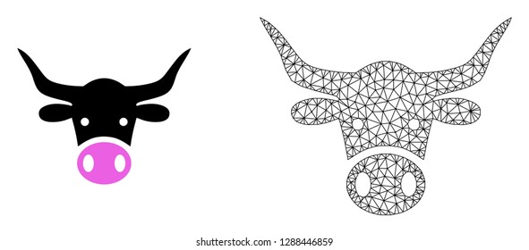 Polygonal mesh cow head and flat icon are isolated on a white background. Abstract black mesh lines, triangles and dots forms cow head icon.