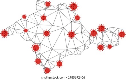Polygonal mesh Crimea map with coronavirus centers. Abstract network connected lines and covid- 2019 viruses on Crimea map. Vector wireframe flat polygonal network in black and red colors.