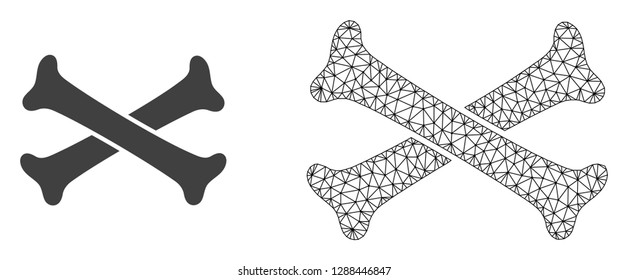 Polygonal mesh crossing bones and flat icon are isolated on a white background. Abstract black mesh lines, triangles and dots forms crossing bones icon.