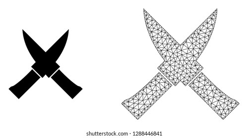 Polygonal mesh crossing knives and flat icon are isolated on a white background. Abstract black mesh lines, triangles and nodes forms crossing knives icon.