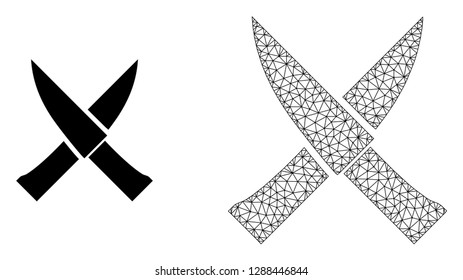 Polygonal mesh crossing knives and flat icon are isolated on a white background. Abstract black mesh lines, triangles and dots forms crossing knives icon.