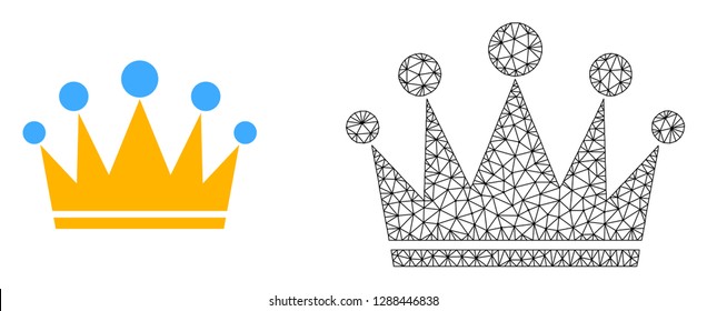 Polygonal mesh crown and flat icon are isolated on a white background. Abstract black mesh lines, triangles and nodes forms crown icon.