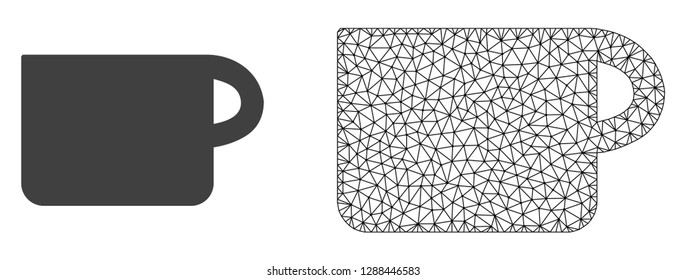Polygonal mesh cup and flat icon are isolated on a white background. Abstract black mesh lines, triangles and dots forms cup icon.