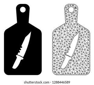 Polygonal mesh cutting board and flat icon are isolated on a white background. Abstract black mesh lines, triangles and dots forms cutting board icon.