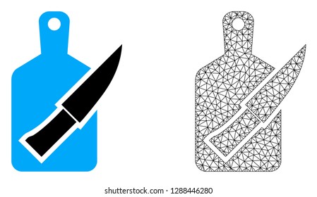 Polygonal mesh cutting board and knife and flat icon are isolated on a white background. Abstract black mesh lines, triangles and nodes forms cutting board and knife icon.