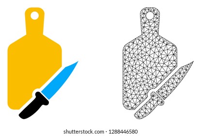 Polygonal mesh cutting board and knife and flat icon are isolated on a white background. Abstract black mesh lines, triangles and dots forms cutting board and knife icon.