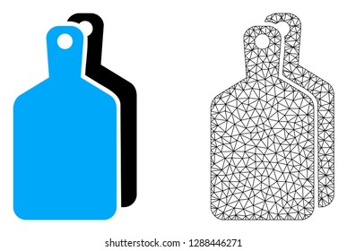 Polygonal mesh cutting boards and flat icon are isolated on a white background. Abstract black mesh lines, triangles and nodes forms cutting boards icon.