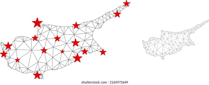 Mapa poligonal de la isla de Chipre con centros de estrellas rojas. Resumen de las líneas y estrellas conectadas en malla del mapa de la isla de Chipre. Vector wireframe red poligonal plana en color negro y rojo.