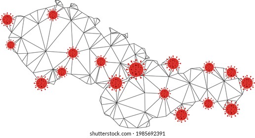 Mapa de Checoslovaquia de malla poligonal con centros de coronavirus. Resumen de líneas conectadas en malla y virus de la gripe en el mapa de Checoslovaquia. Red poligonal 2D del marco de cables vectores en colores negro y rojo.