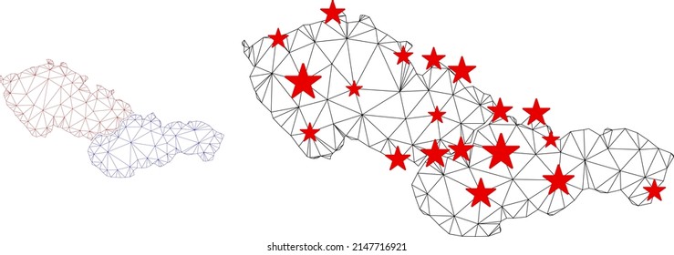 Polygonal mesh Czechoslovakia map with red star centers. Abstract net connected lines and stars form Czechoslovakia map. Vector wireframe 2D polygonal network in black and red colors.