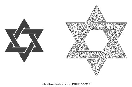 Polygonal mesh david star and flat icon are isolated on a white background. Abstract black mesh lines, triangles and dots forms david star icon.
