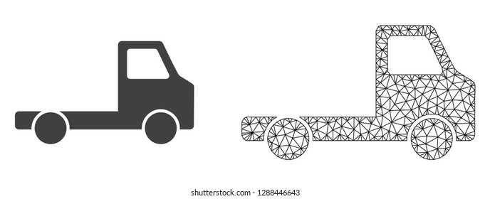 Polygonal mesh delivery car chassi and flat icon are isolated on a white background. Abstract black mesh lines, triangles and dots forms delivery car chassi icon.