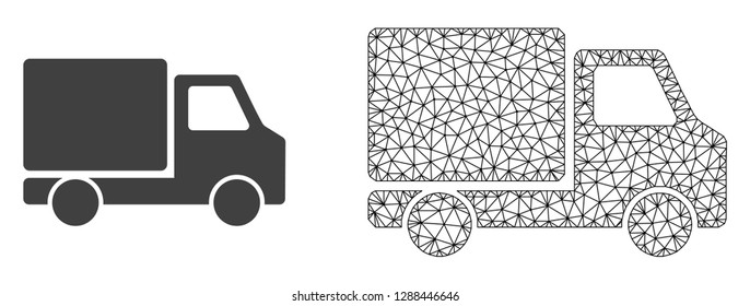 Polygonal mesh delivery car and flat icon are isolated on a white background. Abstract black mesh lines, triangles and dots forms delivery car icon.