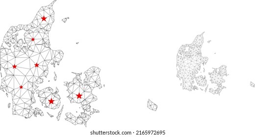 Polygonal mesh Denmark map with red star centers. Abstract network connected lines and stars form Denmark map. Vector wireframe flat polygonal network in black and red colors.