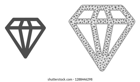 Polygonal mesh diamond and flat icon are isolated on a white background. Abstract black mesh lines, triangles and nodes forms diamond icon.