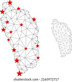 Polygonal mesh Dominica Island map with red star centers. Abstract mesh connected lines and stars form Dominica Island map. Vector wireframe flat polygonal network in black and red colors.