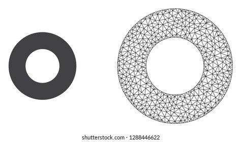 Polygonal mesh donut and flat icon are isolated on a white background. Abstract black mesh lines, triangles and dots forms donut icon.