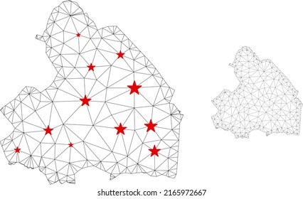 Polygonal mesh Drenthe Province map with red star centers. Abstract mesh connected lines and stars form Drenthe Province map. Vector wire frame flat polygonal network in black and red colors.