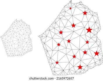 Mapa poligonal del Emirato de Dubai con centros de estrellas rojas. Resumen de líneas conectadas en malla y estrellas del mapa del Emirato de Dubai. Red poligonal 2D de marco de alambre de vectores en colores negro y rojo.