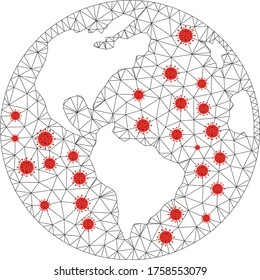 Polygonal vernetzte Erdkugel mit Coronavirus-Zentren. Abstrakte Netzlinien, Dreiecke und Grippeviren bilden die Erde. Vektor Wireframe 2D Polygonnetzwerk in Schwarz und Rot Farben.