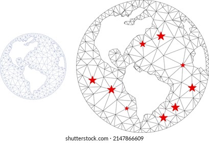 Polygonal mesh Earth globe with red star centers. Abstract mesh connected lines and stars form Earth globe. Vector wireframe flat polygonal network in black and red colors.