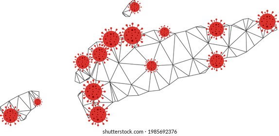 Polygonal mesh East Timor map with coronavirus centers. Abstract network connected lines and flu viruses on East Timor map. Vector wire frame flat polygonal network in black and red colors.