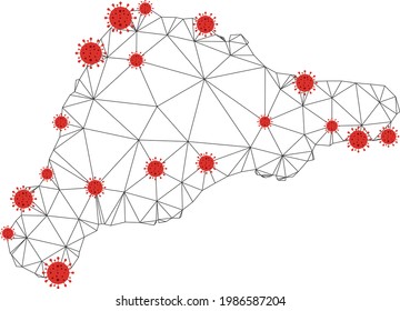 Polygonal mesh Easter Island map with coronavirus centers. Abstract network connected lines and covid- 2019 viruses on Easter Island map.