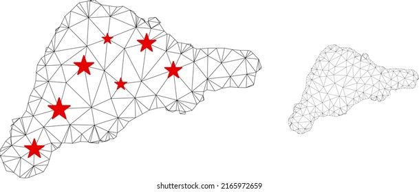 Polygonal mesh Easter Island map with red star centers. Abstract network connected lines and stars form Easter Island map. Vector wire frame 2D polygonal network in black and red colors.