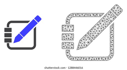 Polygonal mesh edit records and flat icon are isolated on a white background. Abstract black mesh lines, triangles and nodes forms edit records icon.