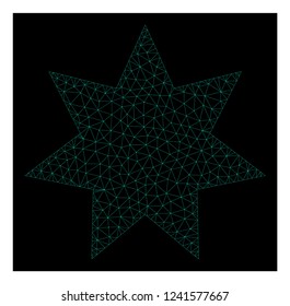 Polygonal mesh eight corner star. Abstract lines, triangles and points combined into eight corner star. Wire frame 2D polygonal line network in vector format on a dark blue background.