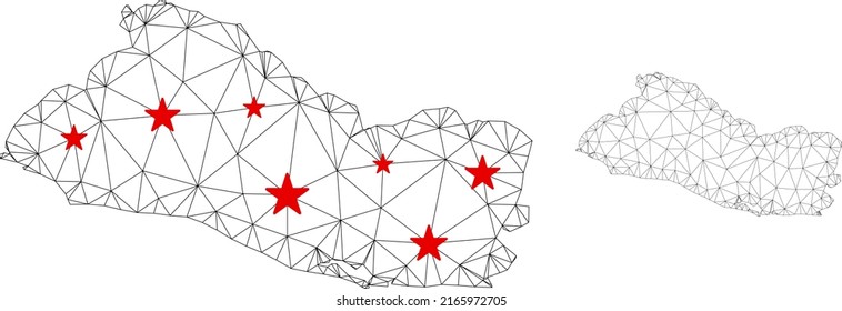 Polygonal mesh El Salvador map with red star centers. Abstract mesh connected lines and stars form El Salvador map. Vector wireframe flat polygonal network in black and red colors.