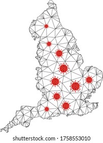 Mapa de Inglaterra de malla poligonal con centros de coronavirus. Resumen de líneas de malla, triángulos y virus cómodos de Inglaterra. Red poligonal 2D del marco de cables vectores en colores negro y rojo.