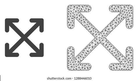 Polygonal mesh enlarge arrows and flat icon are isolated on a white background. Abstract black mesh lines, triangles and dots forms enlarge arrows icon.