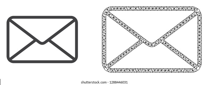 Polygonal mesh envelope and flat icon are isolated on a white background. Abstract black mesh lines, triangles and dots forms envelope icon.