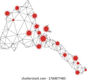 Polygonal mesh Eritrea map with coronavirus centers. Abstract network connected lines and covid- 2019 viruses form Eritrea map. Vector wireframe 2D polygonal network in black and red colors.
