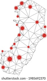 Polygonal mesh Espirito Santo State map with coronavirus centers. Abstract network connected lines and covid viruses on Espirito Santo State map.
