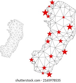 Mapa de malla poligonal Espirito Santo con centros de estrellas rojas. Resumen de líneas y estrellas conectadas en malla del mapa del estado de Espirito Santo. Red poligonal 2D de marco de alambre de vectores en colores negro y rojo.