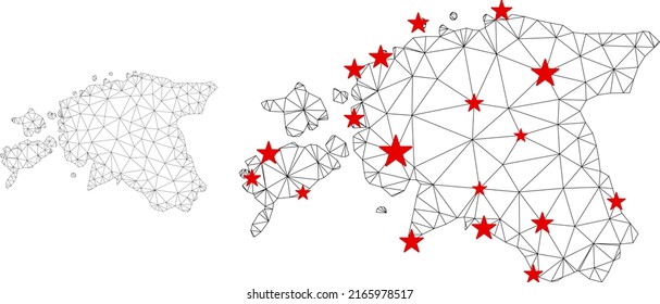 Mapa de Estonia de malla poligonal con centros de estrellas rojas. Resumen de las líneas y estrellas conectadas en malla del mapa de Estonia. Vector wireframe red poligonal plana en color negro y rojo.