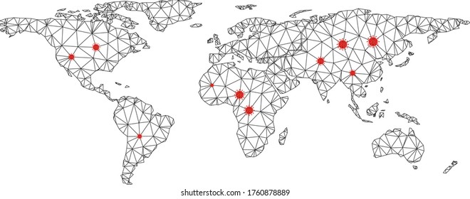 Polygonal mesh everywhere map with coronavirus centers. Abstract network lines, triangles and covid viruses form everywhere map. Vector wireframe 2D polygonal network in black and red colors.