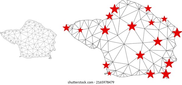 Mapa de la Isla Faial de malla poligonal con centros de estrellas rojas. Resumen de las líneas conectadas a la red y las estrellas del mapa de la isla Faial. Vector wireframe red poligonal plana en color negro y rojo.