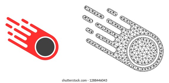 Polygonal mesh falling meteorite and flat icon are isolated on a white background. Abstract black mesh lines, triangles and nodes forms falling meteorite icon.