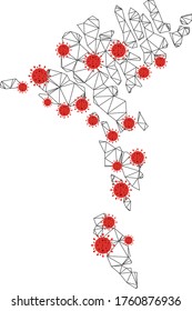 Polygonal mesh Faroe Islands map with coronavirus centers. Abstract network connected lines and flu viruses form Faroe Islands map. Vector wireframe flat polygonal network in black and red colors.