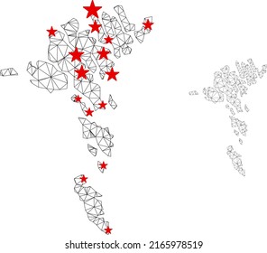 Polygonal mesh Faroe Islands map with red star centers. Abstract mesh connected lines and stars form Faroe Islands map. Vector wireframe flat polygonal network in black and red colors.