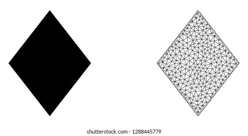 Polygonal mesh filled rhombus and flat icon are isolated on a white background. Abstract black mesh lines, triangles and nodes forms filled rhombus icon.