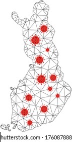 Mapa de Finlandia de malla poligonal con centros de coronavirus. Resumen de líneas de red, triángulos y virus covid- 2019 desde el mapa finlandés. Vector wireframe red poligonal plana en color negro y rojo.