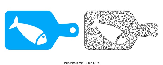 Polygonal mesh fish cutting board and flat icon are isolated on a white background. Abstract black mesh lines, triangles and dots forms fish cutting board icon.