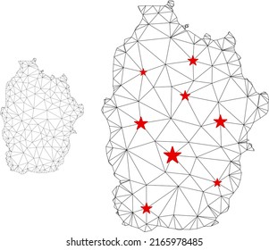 Polygonal mesh Flores Island of Azores map with red star centers. Abstract mesh connected lines and stars form Flores Island of Azores map.