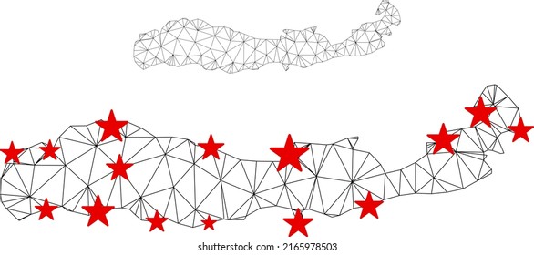 Polygonal mesh Flores Island of Indonesia map with red star centers. Abstract network connected lines and stars form Flores Island of Indonesia map.
